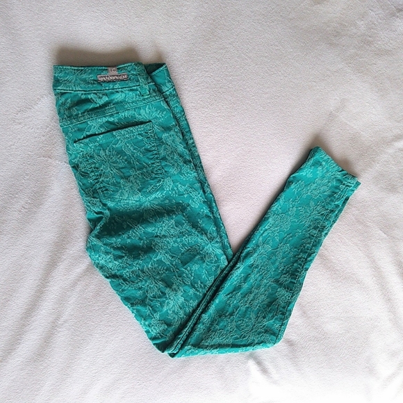 Lauren Conrad Teal Brocade Textured Flower Stretch Skinny Jeans Size 2 - Picture 9 of 10